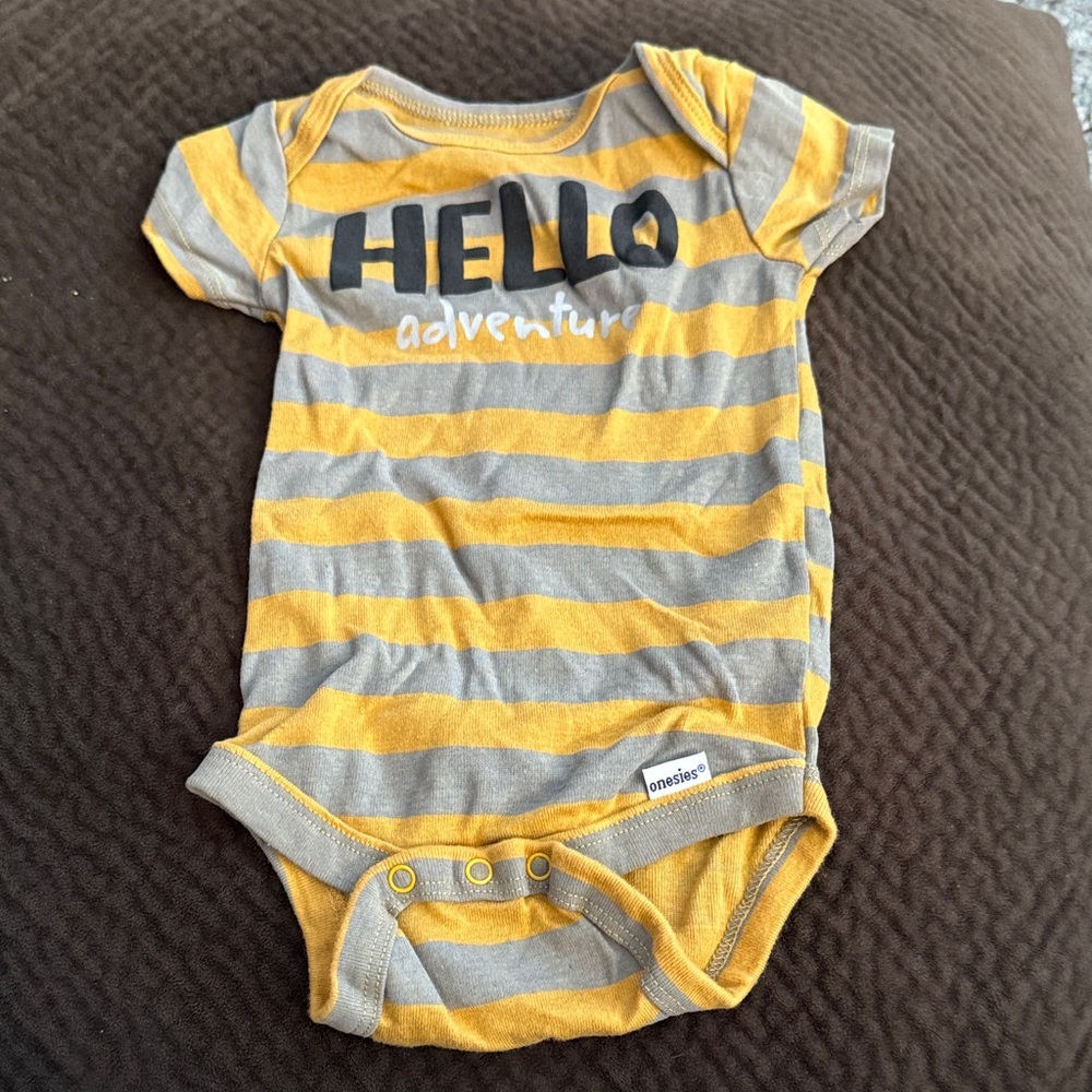 Gerber Yellow and Gray Striped "Hello Adventure" Baby One-Piece